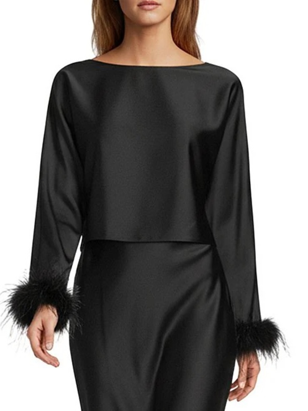 ANTONIO MELANI Black Satin Cropped Sleep Top with Feather Cuffs - Picture 1 of 4